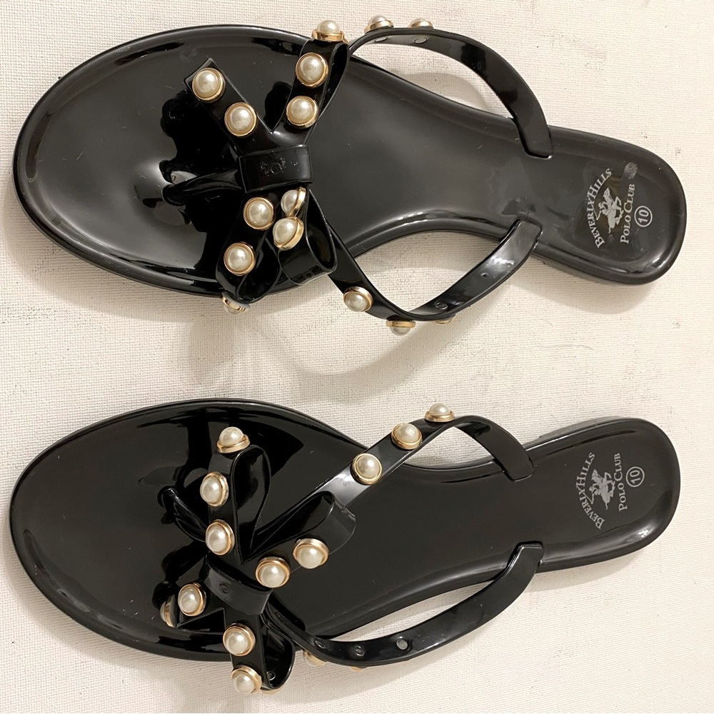 BEVERLY HILLS POLO CLUB jelly pearl beaded flip flops women’s size 10